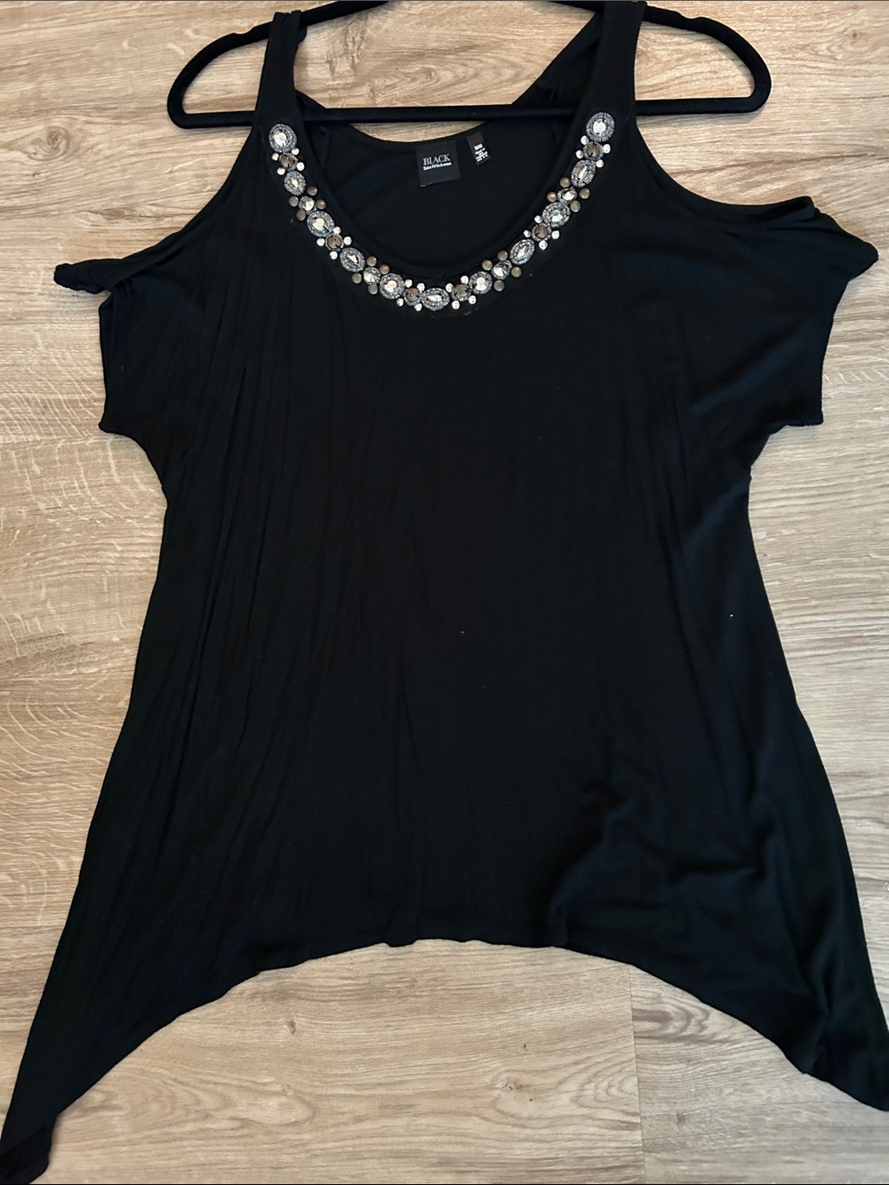 Saks Fifth Avenue Black Label Black Cold-Shoulder Top with Jeweled Neckline